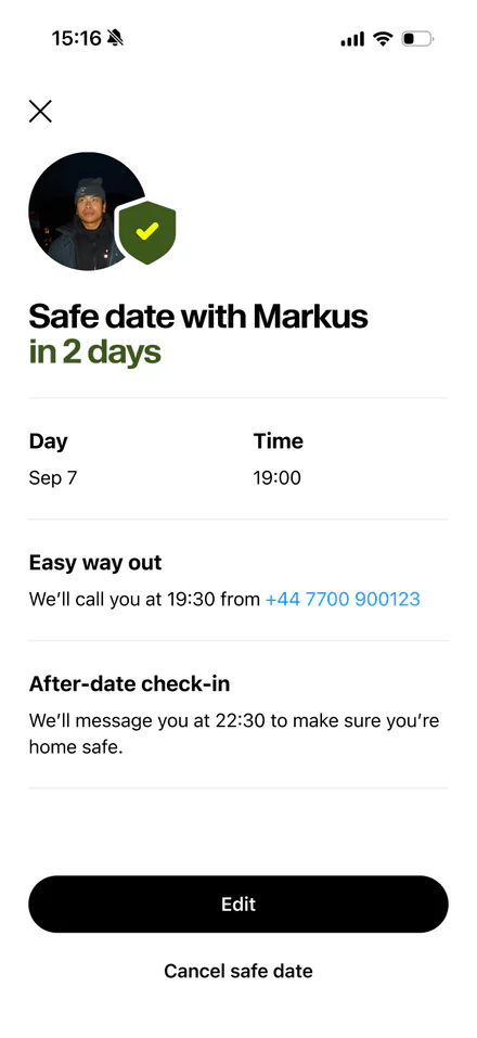 hoppy app: safe date with Markus, after-date check-in