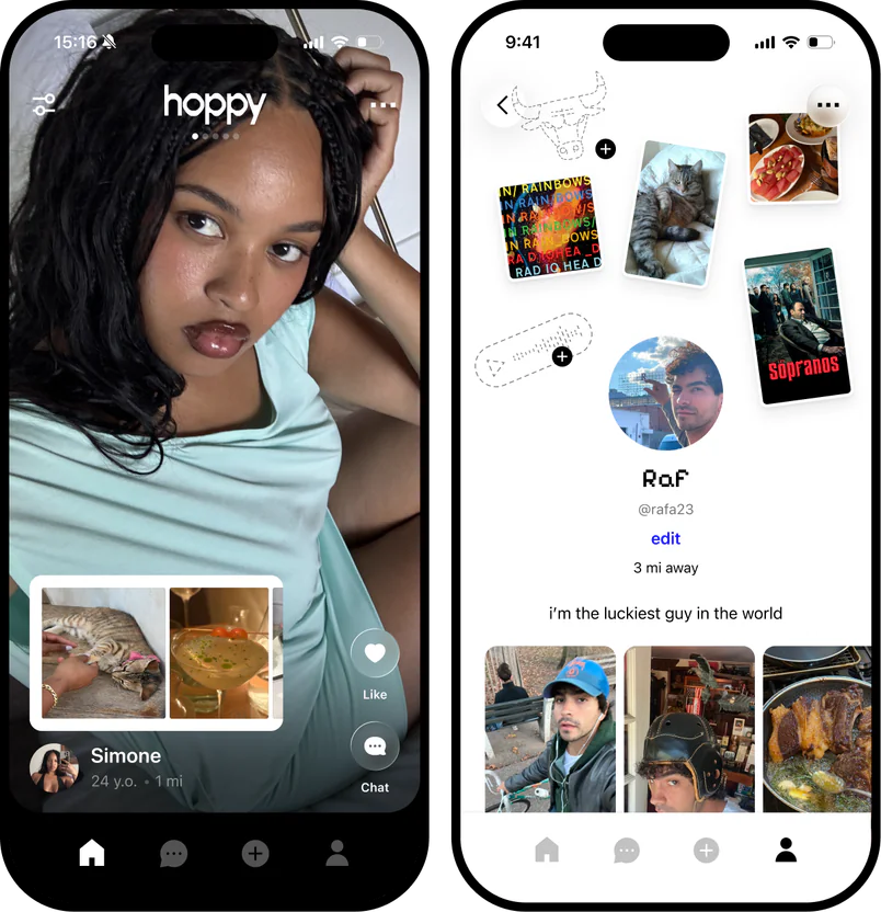 hoppy app: Simone's profile card and Raf's profile